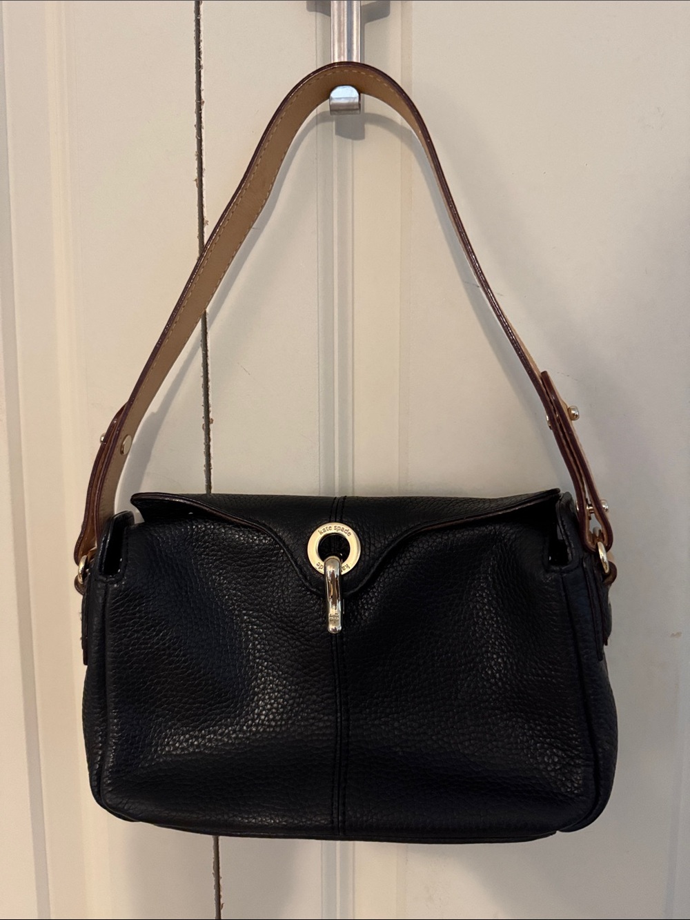Kate Spade Black Pebbled Leather Shoulder Bag Polka Dot Lining